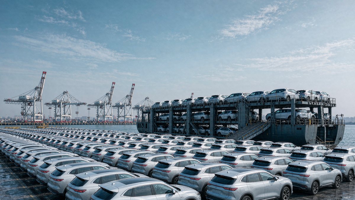 New vehicles waiting at a dock for export