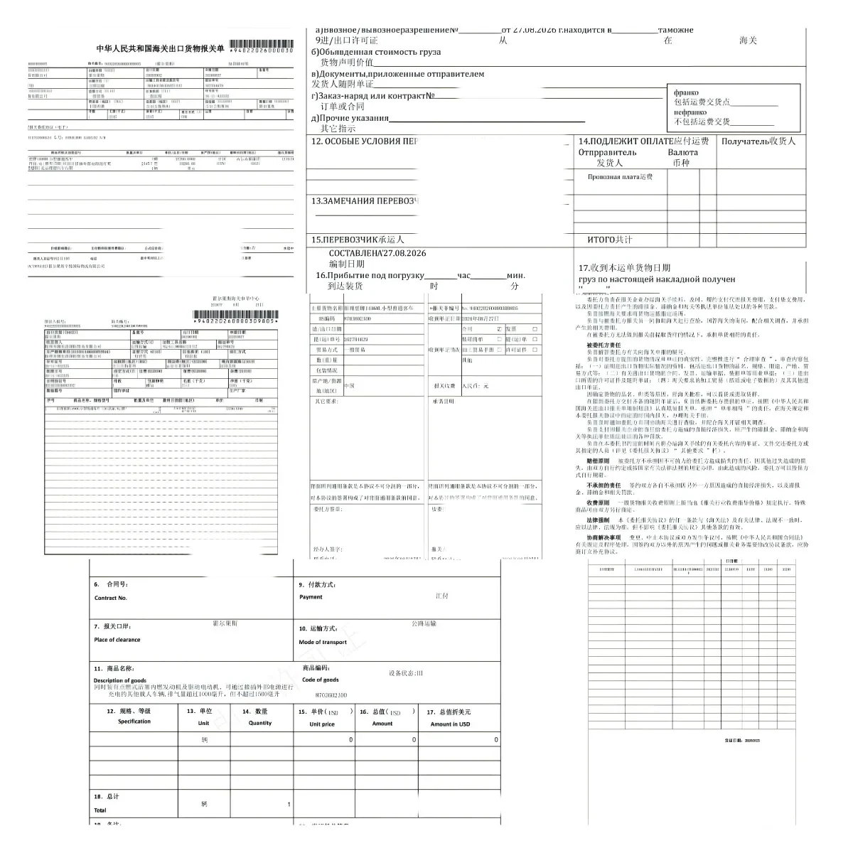 Export customs declaration and vehicle documents