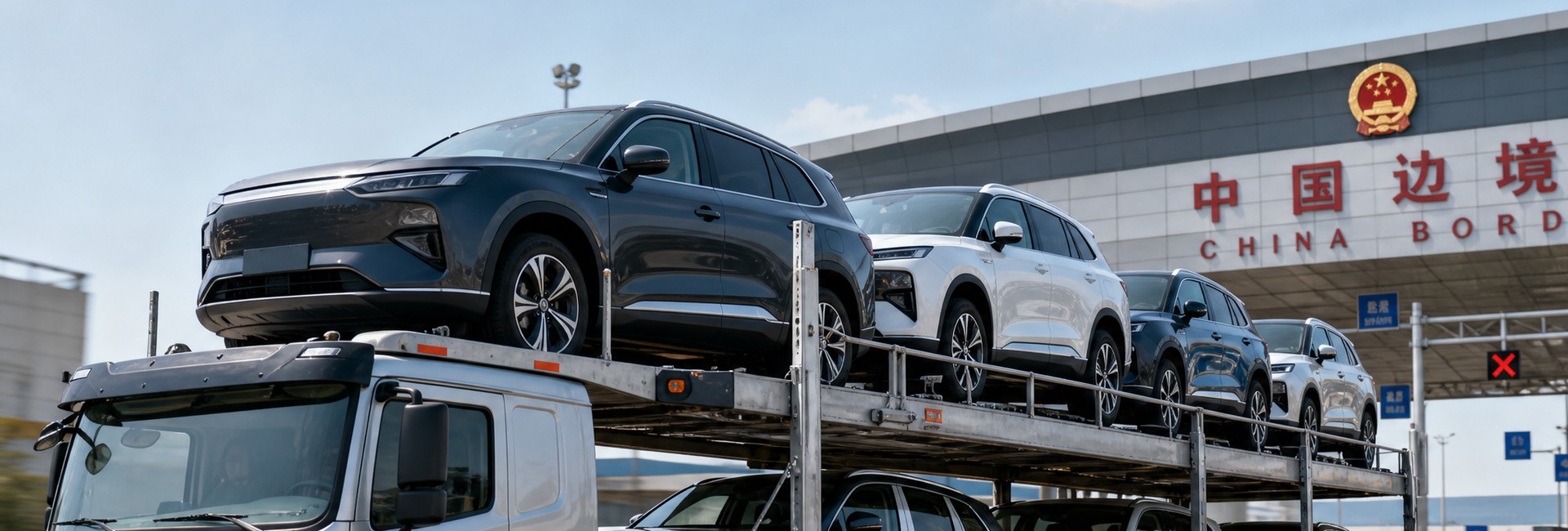 A MuYan Auto car carrier loaded with Chinese-brand vehicles at the China border